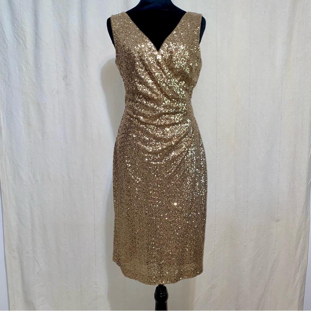 Ralph Lauren Gold Sequin Ruched Faux Wrap Party Dress